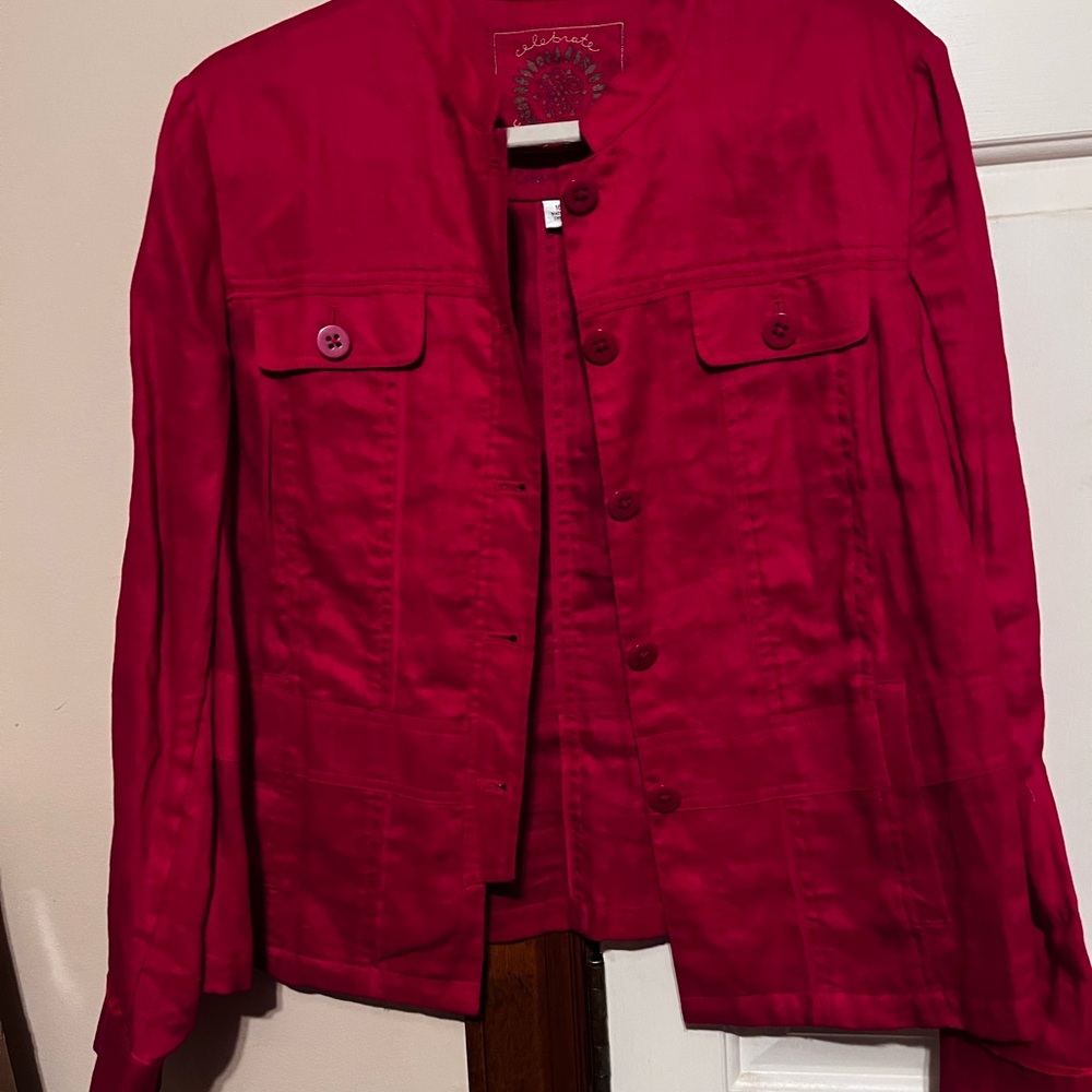 Women’s Lightweight Button-Front Linen Jacket in Red - Picture 2 of 5
